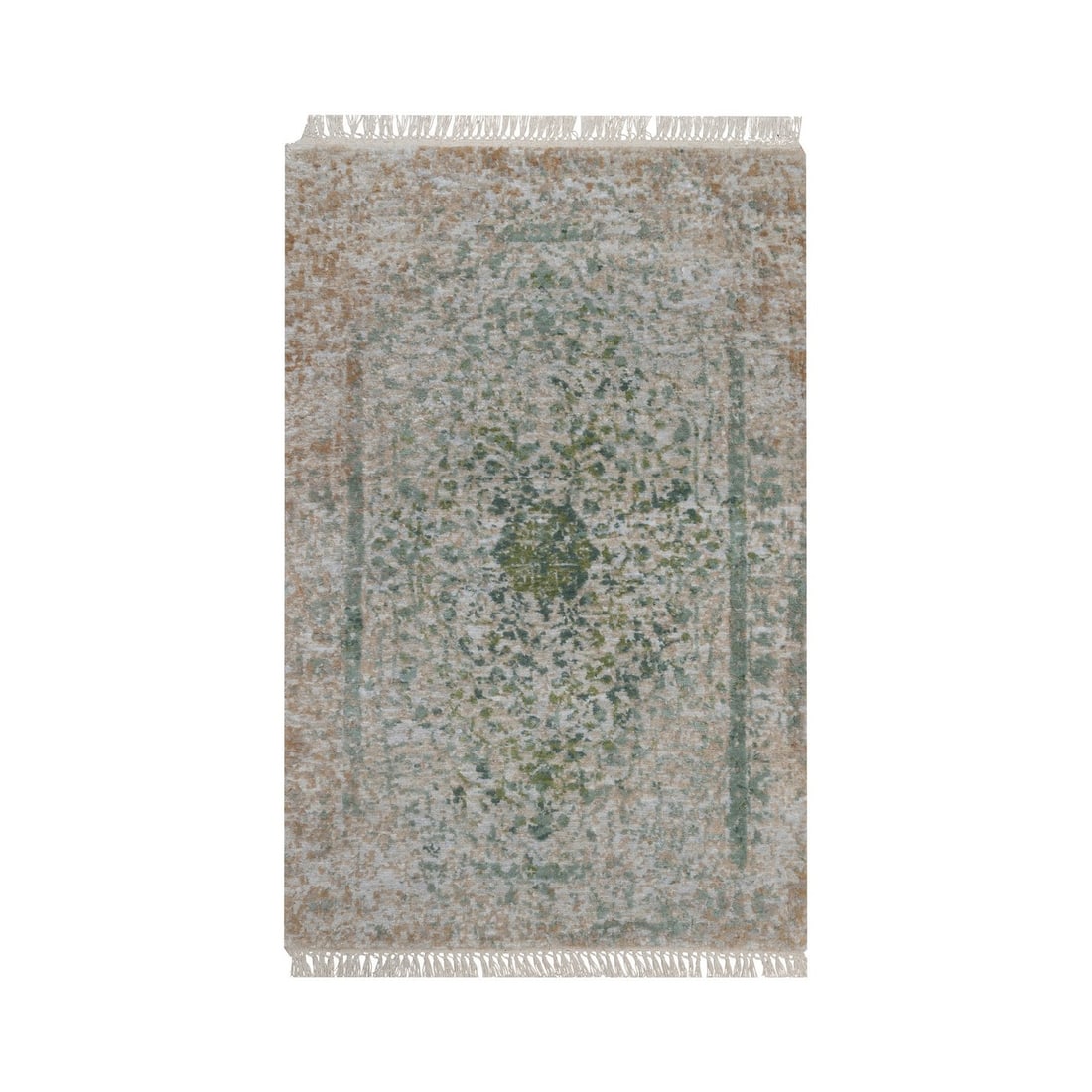 2'x3'1" Silver-Green Erased Medallion Design Hand Knotted Wool and Silk Mat: 2'x3'1" Silver-Green Erased Medallion Design Hand Knotted Wool and Silk Mat The 2'x3'1" Silver-Green Erased Medallion Design Hand Knotted Wool and Silk Mat boasts a striking green field with intricate