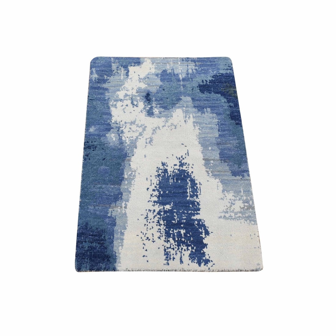 Blue Wool Hand Knotted 2 100 Ivory Denim Modern Abstract Design Rug: Blue Wool Hand Knotted 2 100 Ivory Denim Modern Abstract Design Rug The Blue Wool Hand Knotted 2 rug boasts a striking modern abstract design in a vibrant blue hue, perfectly complemented by the