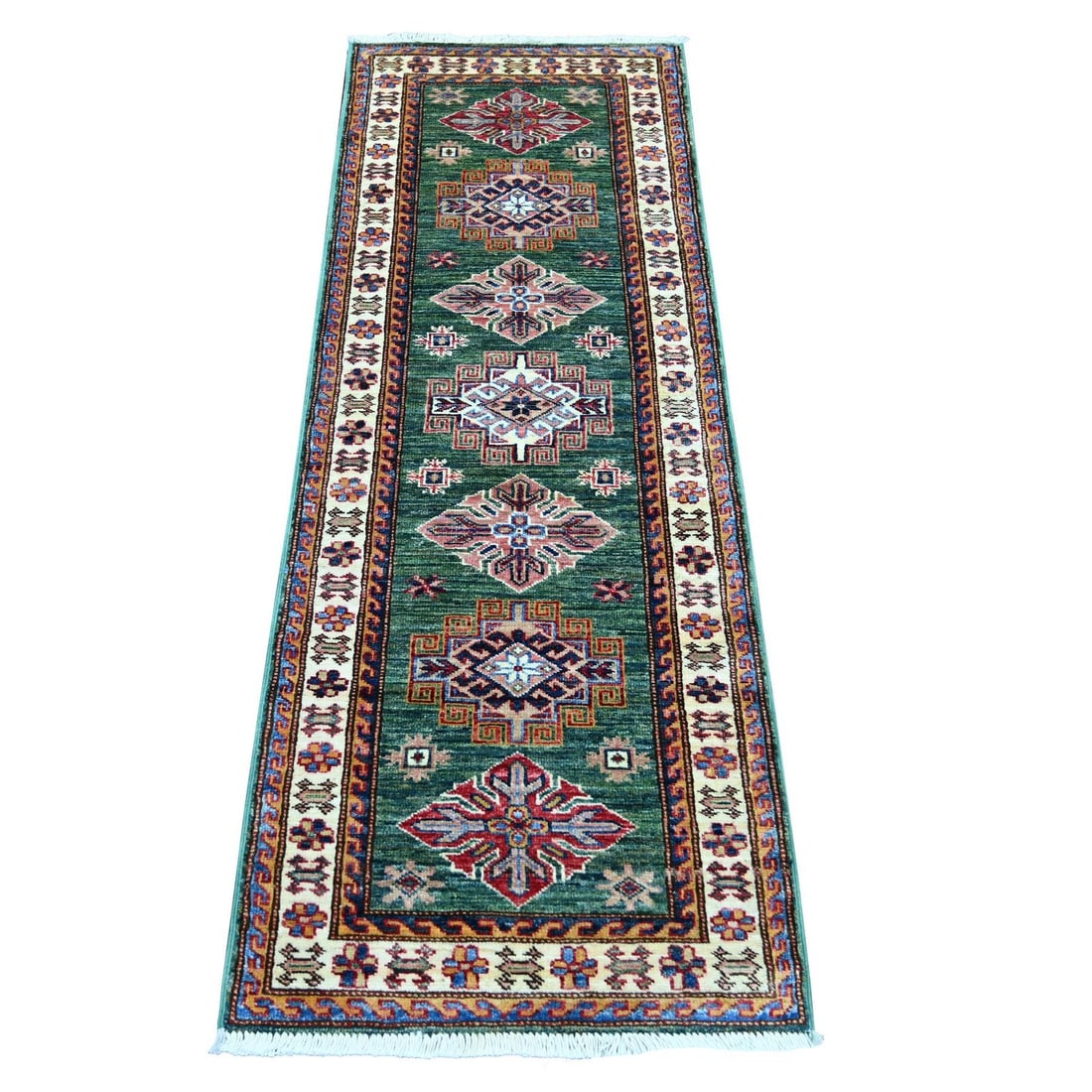 2'x5'8" Green Afghan Super Kazak Hand Knotted Pure Wool Narrow Runner Rug: 2'x5'8" Green Afghan Super Kazak Hand Knotted Pure Wool Narrow Runner Rug Green Afghan Super Kazak Hand Knotted Pure Wool Narrow Runner Rug, measuring 2'0" x 5'8" with a vibrant all-over regional desi