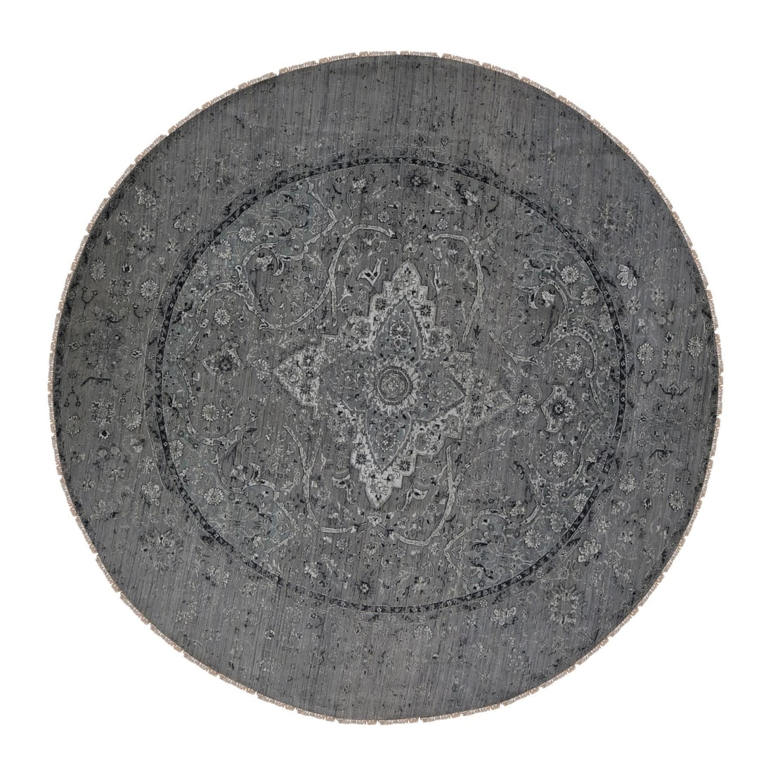 12'x12' Gray Broken Zoroastrian Design Silk/ Wool Hand Knotted Round Rug: 12'x12' Gray Broken Zoroastrian Design Silk/ Wool Hand Knotted Round Rug The 12'x12' Gray Broken Zoroastrian Design Silk/Wool Hand Knotted Round Rug boasts a stunning, intricate design in a rich grey