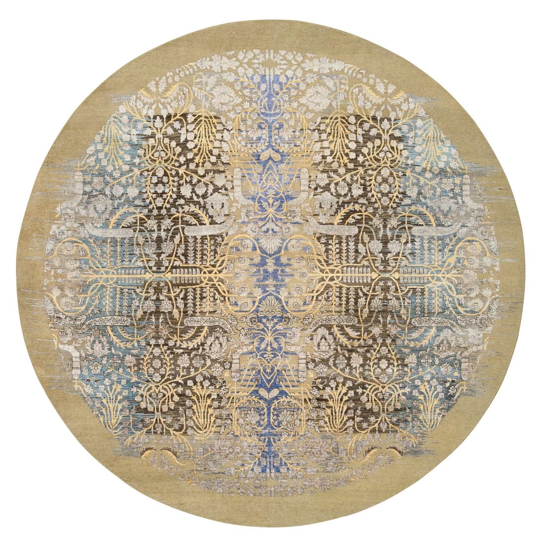 10'x10' Gold Brown Hand Knotted Transitional Sarouk Silk/ Wool Round Rug: 10'x10' Gold Brown Hand Knotted Transitional Sarouk Silk/ Wool Round Rug This stunning 10'x10' Gold Brown Hand Knotted Transitional Sarouk Silk/Wool Round Rug boasts a rich, earthy tone and intricate 
