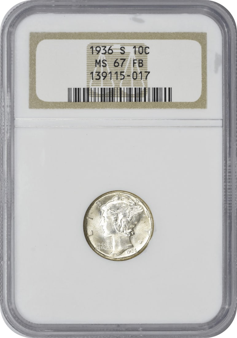 MS67FB Mercury Dime 1936-S Silver: MS67FB Mercury Dime 1936-S Silver The MS67FB Mercury Dime 1936-S Silver boasts an impressive MS67 grade, indicating exceptional condition and a high level of detail. This silver dime, designed by Adol