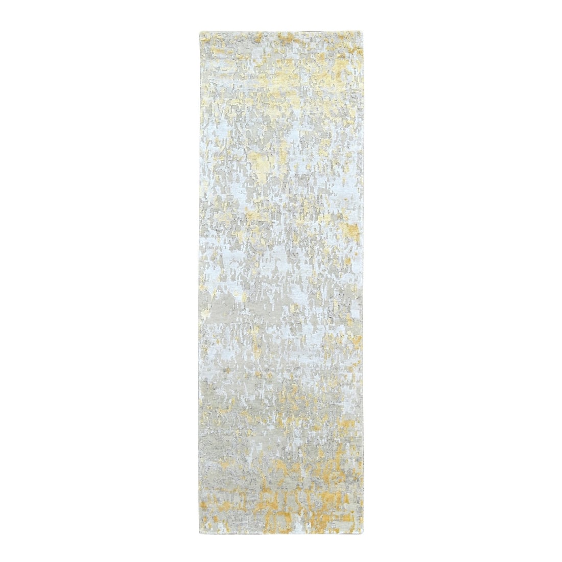 2'7"x7'10" Beige Abstract Design Wool and Silk Hand Knotted Runner Rug: 2'7"x7'10" Beige Abstract Design Wool and Silk Hand Knotted Runner Rug This hand-knotted wool and silk abstract design runner rug boasts a stunning beige field with intricate patterns, showcasing the 