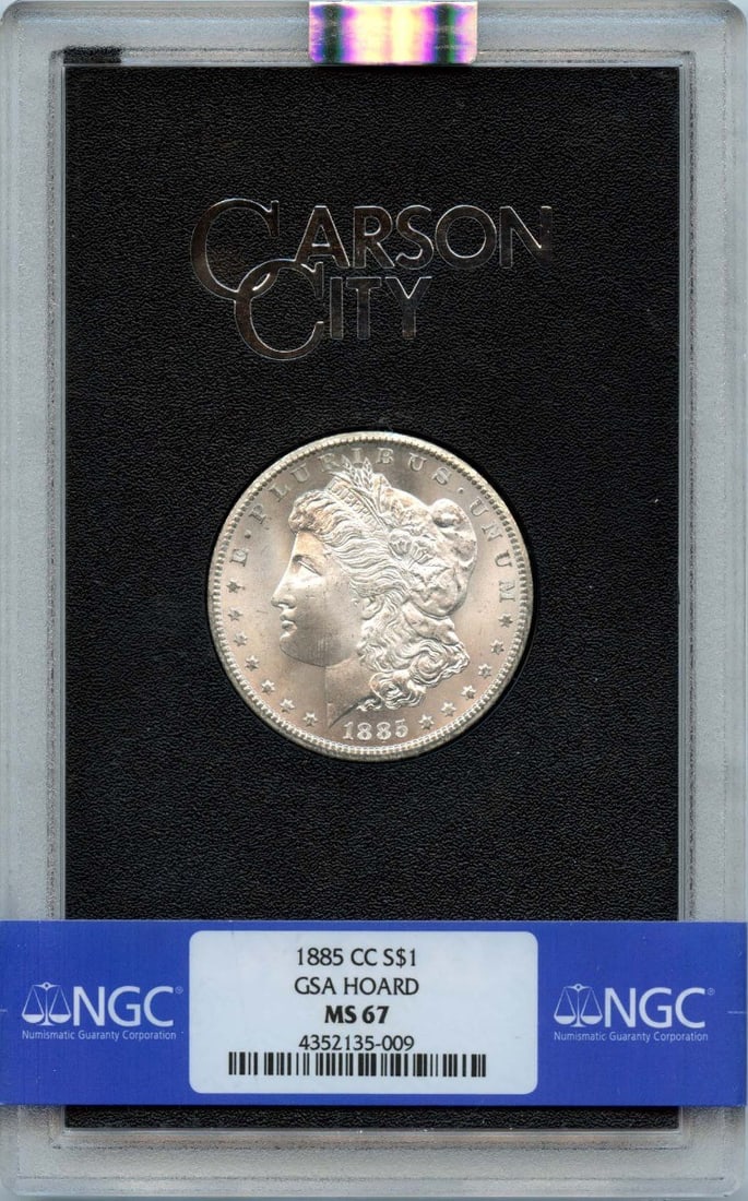 1885-CC Morgan Dollar GSA HOARD S$1 NGC MS67: 1885-CC Morgan Dollar GSA HOARD S$1 NGC MS67 The 1885-CC Morgan Dollar GSA HOARD MS67 is a highly graded, uncirculated coin featuring the iconic design of Augustus Saint-Gaudens. Certified by the Numi