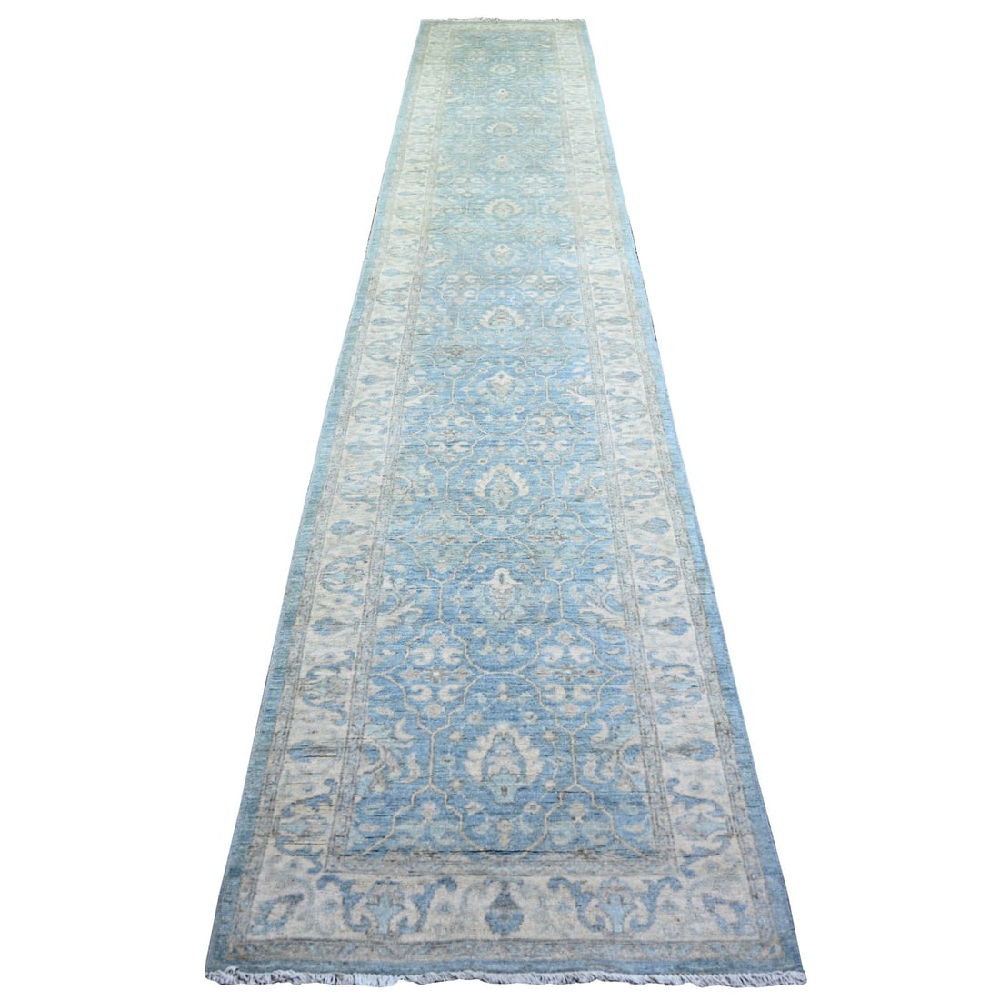 2'8"x15'2" Blue Finer Peshawar Wool Hand Knotted XL Runner Oriental Rug: 2'8"x15'2" Blue Finer Peshawar Wool Hand Knotted XL Runner Oriental Rug Blue Finer Peshawar Wool Hand Knotted XL Runner Oriental Rug boasts a stunning 15'2" length, making it a statement piece for any