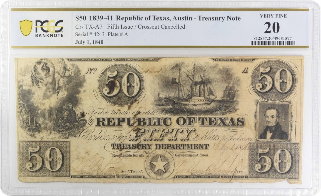 Republic of Texas 1839-41 A7 Crosscut Cancelled VF20 PCGS: Republic of Texas 1839-41 A7 Crosscut Cancelled VF20 PCGS The Republic of Texas 1839-41 A7 Crosscut Cancelled is a highly sought-after piece of philatelic history, bearing the distinctive crosscut can