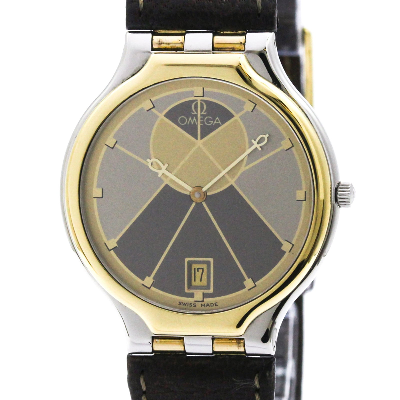 Omega Wristwatch: Omega Wristwatch Stainless steel and yellow gold 18K case and band create a sophisticated look, while the gray dial provides a subtle backdrop for the watch's elegant design. This Omega De Ville quart