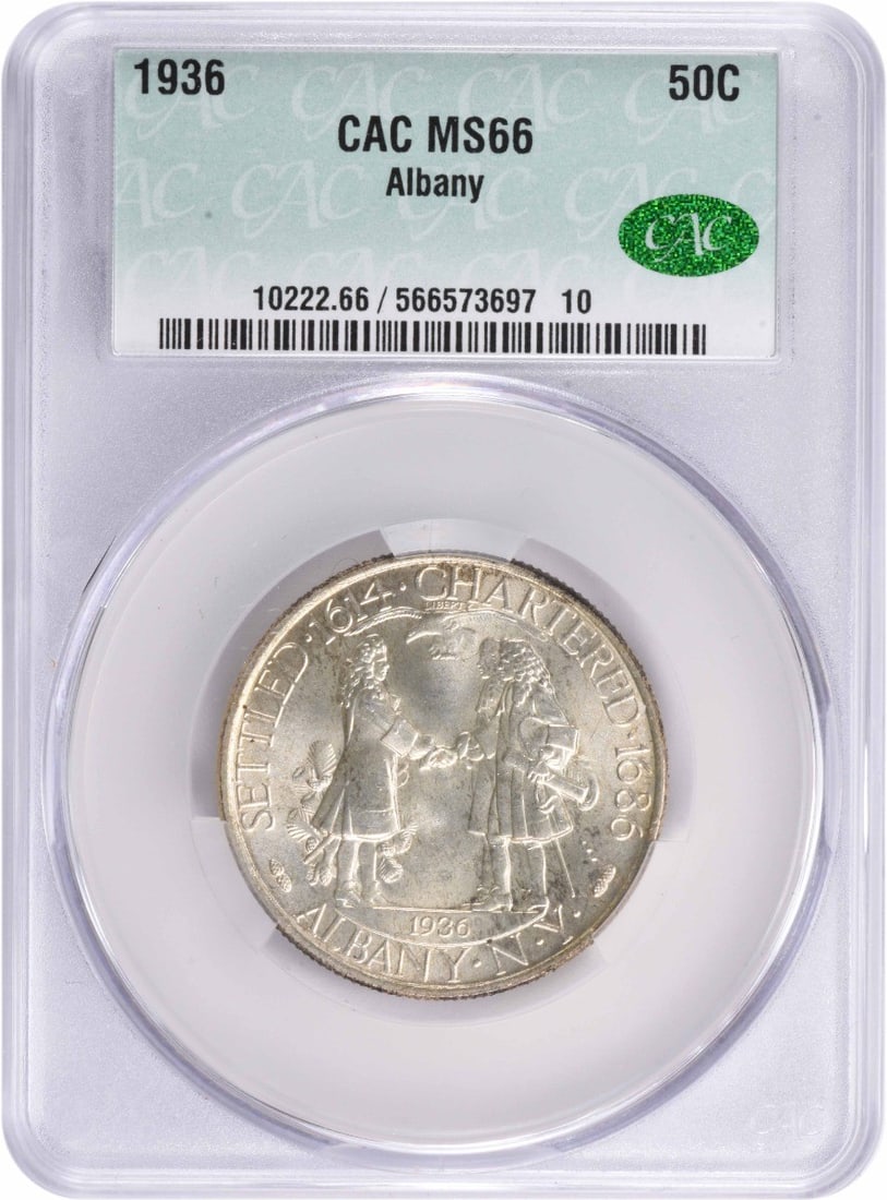 Albany Commemorative Silver Half Dollar 1936 MS66 CACG: Albany Commemorative Silver Half Dollar 1936 MS66 CACG The Albany Commemorative Silver Half Dollar 1936 MS66 CACG is a highly detailed and accurately graded coin, certified by CACG as Uncirculated.