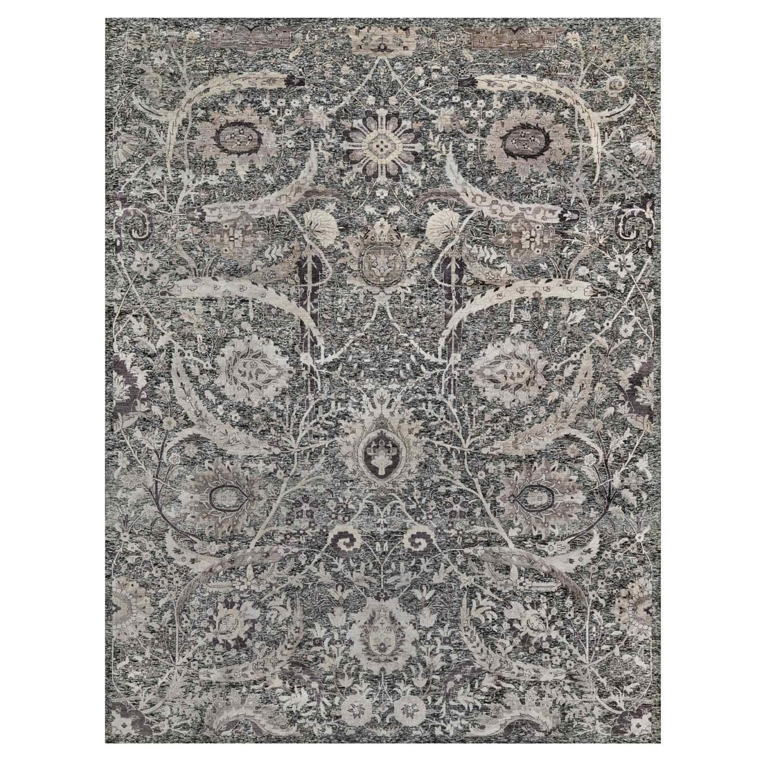 11'8"x15' Brown Wool and Silk Hand Knotted Sickle Leaf Oversized Rug: 11'8"x15' Brown Wool and Silk Hand Knotted Sickle Leaf Oversized Rug This stunning 11'8"x15' Brown Wool and Silk Hand Knotted Sickle Leaf Oversized Rug boasts a rich, warm brown color and intricate