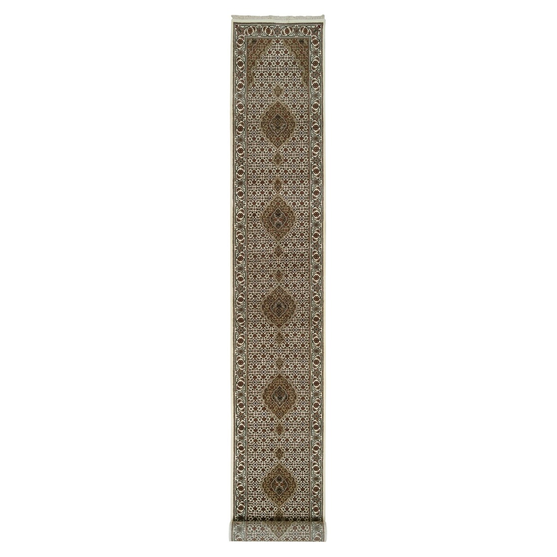 2'6"x18' Ivory Tebraz Mahi 175 KPSI Wool Hand Knotted XL Runner Rug: 2'6"x18' Ivory Tebraz Mahi 175 KPSI Wool Hand Knotted XL Runner Rug Hand-knotted in wool, this 2'6"x18' Ivory Tebraz Mahi rug boasts a stunning Oriental design with a subtle stone gray and rust red
