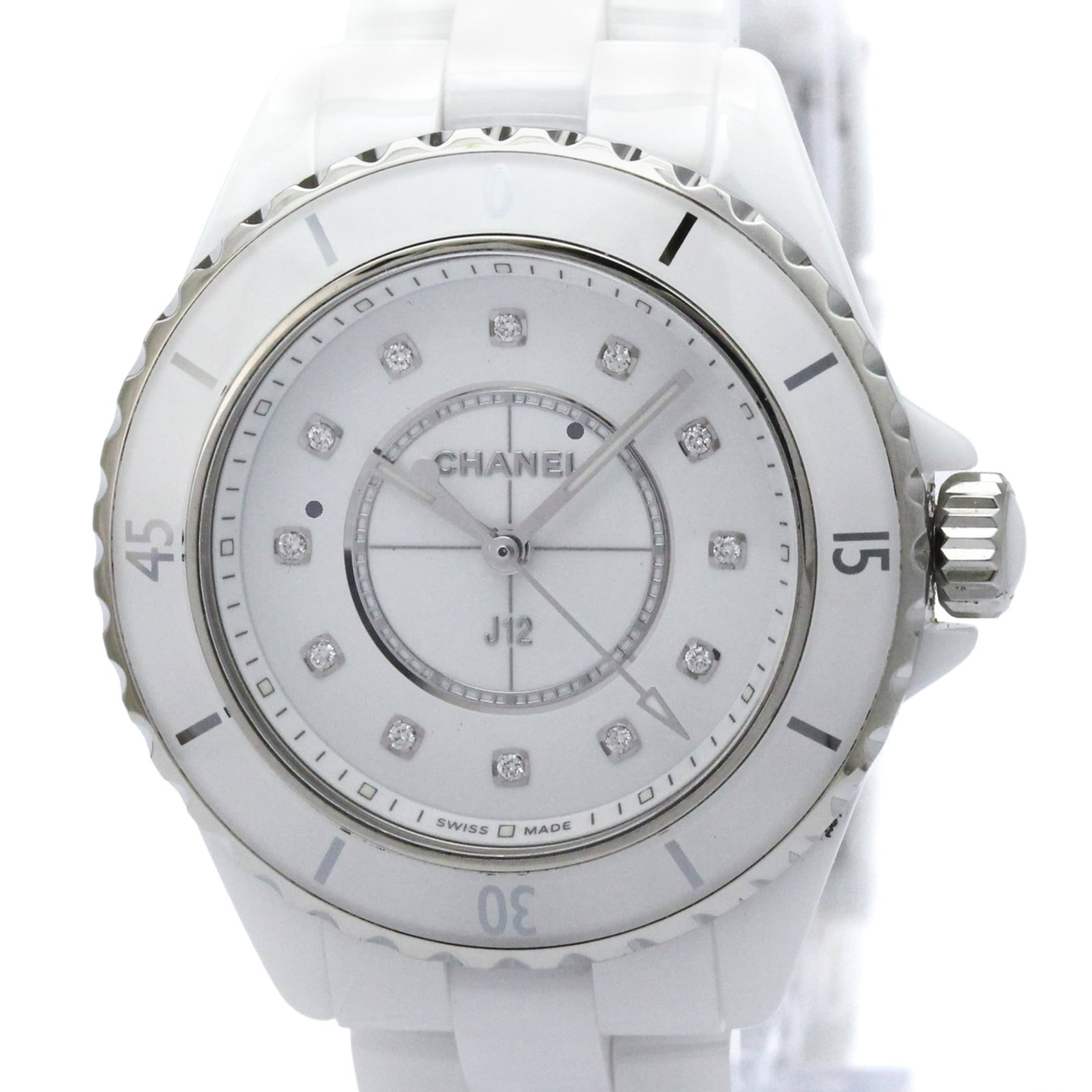 Chanel Wristwatch: Chanel Wristwatch Ceramic case and band give this Chanel J12 wristwatch a sleek, modern look, with a white dial that adds a touch of elegance. Weighing in at 100g, this 33mm timepiece is a compact and