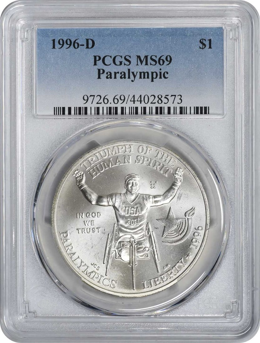1996-D Wheelchair Paralympic Silver Commemorative Dollar MS69 PCGS Mint State 69: 1996-D Wheelchair Paralympic Silver Commemorative Dollar MS69 PCGS Mint State 69 The 1996-D Wheelchair Paralympic Silver Commemorative Dollar is a highly detailed and unique collectible, featuring a s