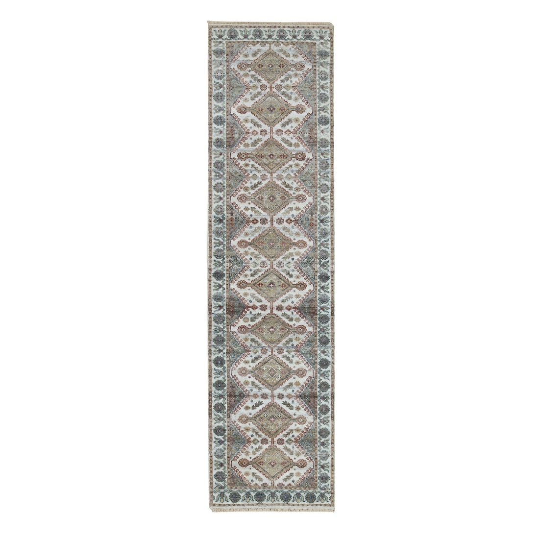2'6"x9'9" Anti-Flash White Unique Flower Border Runner Oriental Rug: 2'6"x9'9" Anti-Flash White Unique Flower Border Runner Oriental Rug Unique and eye-catching, this 2'6"x9'9" Anti-Flash White Oriental Flower Border Runner rug boasts a stunning ivory color with subtle