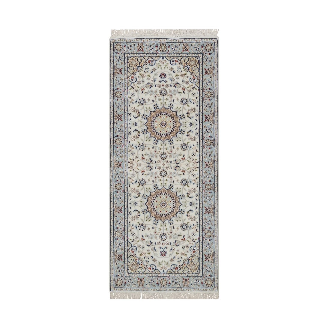 2'9"x6'5" Ivory Wool and Silk Nain Flower Design Hand Knotted Runner Rug: 2'9"x6'5" Ivory Wool and Silk Nain Flower Design Hand Knotted Runner Rug Hand-knotted with wool and silk, this 2'9"x6'5" Nain flower design runner rug boasts a timeless medallion pattern in ivory and 