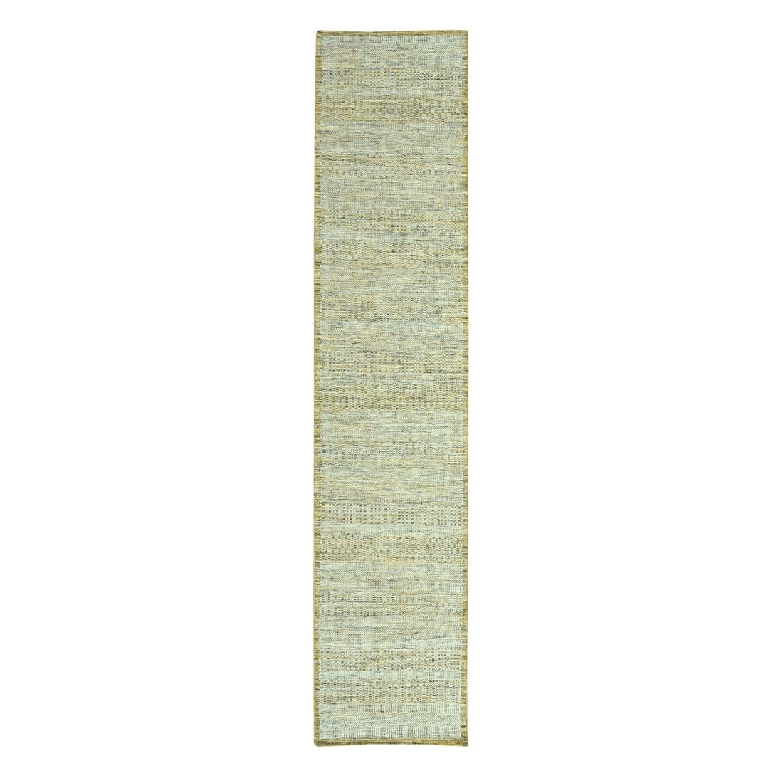 6' Yellow Wool Oxidized Grass Design Hand Knotted Narrow Runner Rug: 6' Yellow Wool Oxidized Grass Design Hand Knotted Narrow Runner Rug Hand-knotted in vibrant yellow wool, this 6' narrow runner rug boasts a striking oxidized grass design that adds a touch of modern e