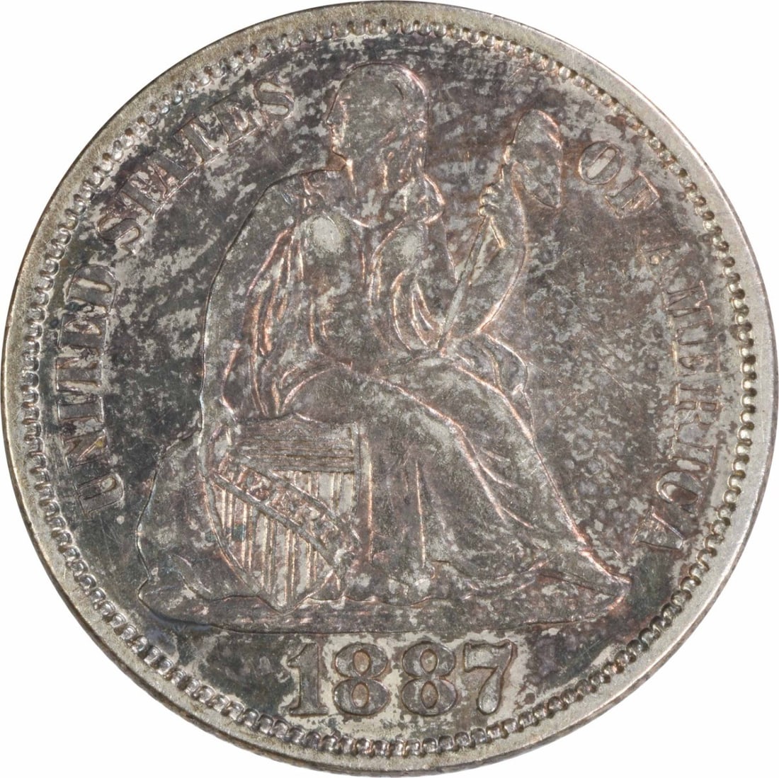 Silver Liberty Dime Seated 1887 AU Slider Uncertified: Silver Liberty Dime Seated 1887 AU Slider Uncertified Silver Liberty Dime Seated 1887 AU Slider Uncertified - A circulated 1887 Seated Liberty dime with a high-grade AU condition, bearing the signatur