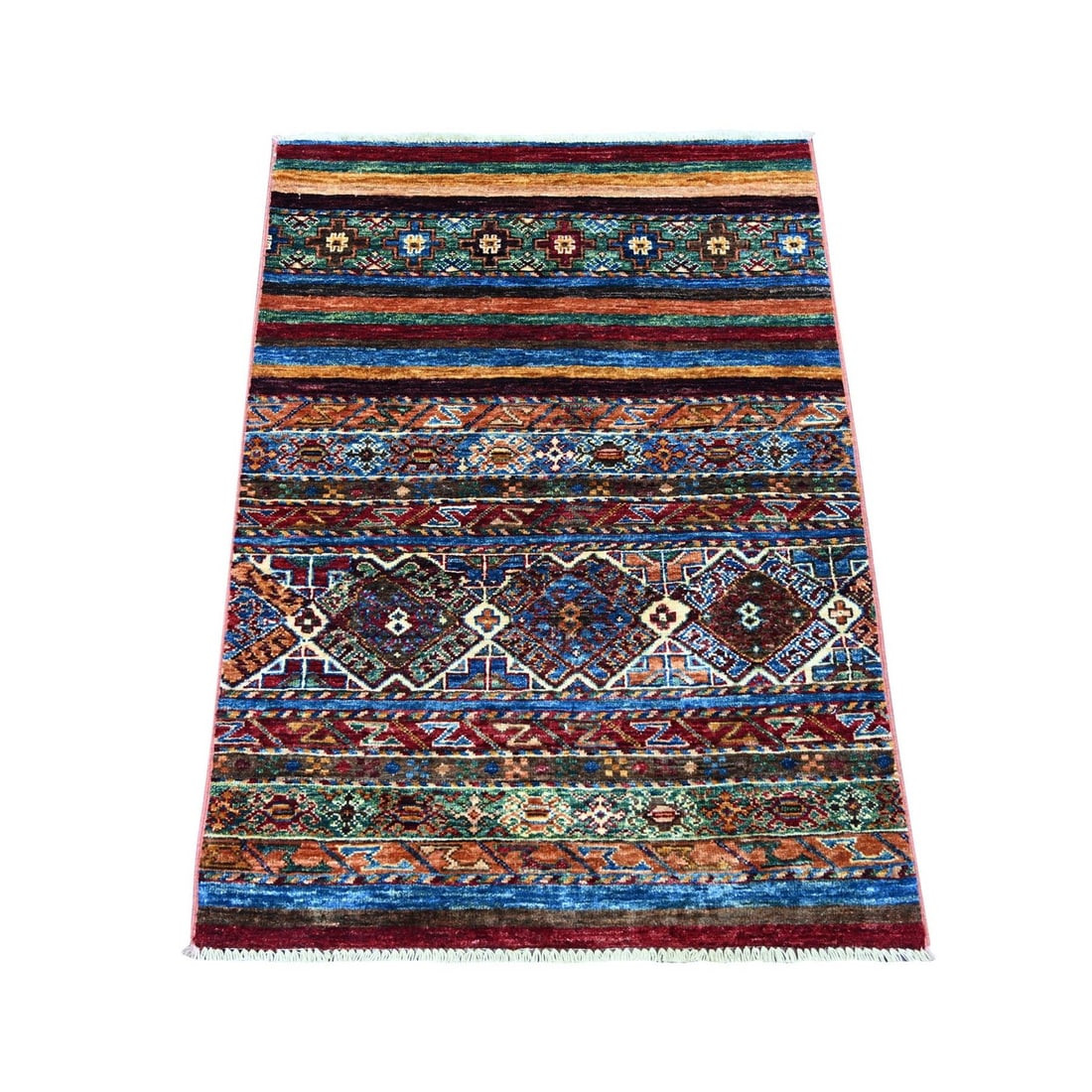 Colorful Hand Knotted Wool Afghan Kazak Khorjin Design Rug 2'8"x3'8: Colorful Hand Knotted Wool Afghan Kazak Khorjin Design Rug 2'8"x3'8 Hand-knotted in vibrant colors, this 2'8"x3'8" Kazak-style wool afghan rug boasts an all-over design that showcases the rich regiona