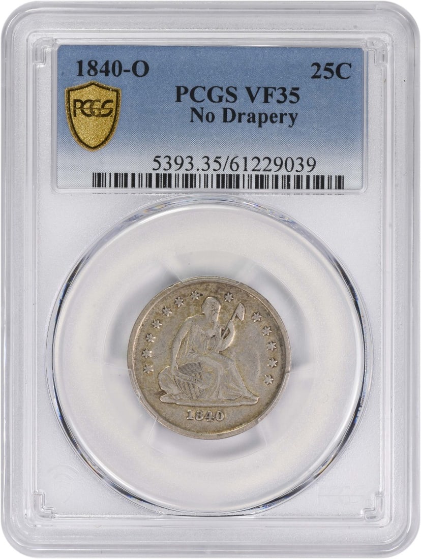 1840-O Liberty Seated Silver Quarter No Drapery VF35 PCGS: 1840-O Liberty Seated Silver Quarter No Drapery VF35 PCGS 1840-O Liberty Seated Silver Quarter No Drapery VF35 PCGSThis 1840-O Liberty Seated Silver Quarter is a rare and historic coin, featuring Seat