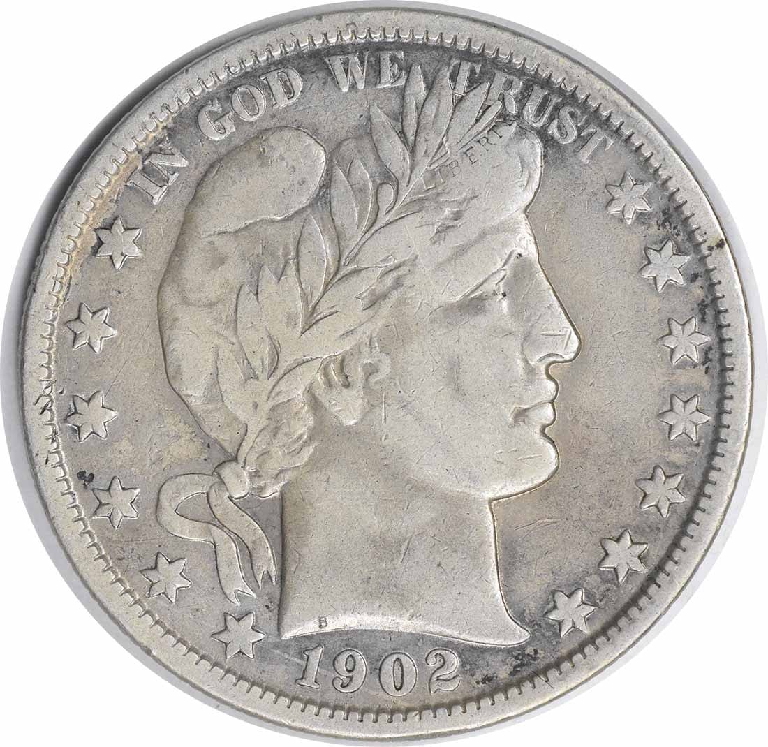 1902 Barber Silver Half Dollar VF Uncertified: 1902 Barber Silver Half Dollar VF Uncertified The 1902 Barber Silver Half Dollar is a circulated coin with a high grade of VF, showcasing a rich silver composition and a classic design. This coin bear