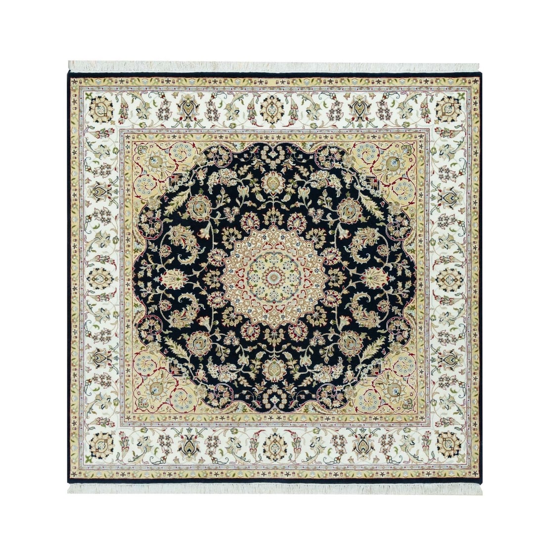Blue Broncos Nain Flower Soft Hand Knotted Wool Rug Square 7'x7: Blue Broncos Nain Flower Soft Hand Knotted Wool Rug Square 7'x7 Soft and serene, this hand-knotted wool rug boasts a stunning blue hue reminiscent of a clear summer sky. Made from 100% wool, its flatw