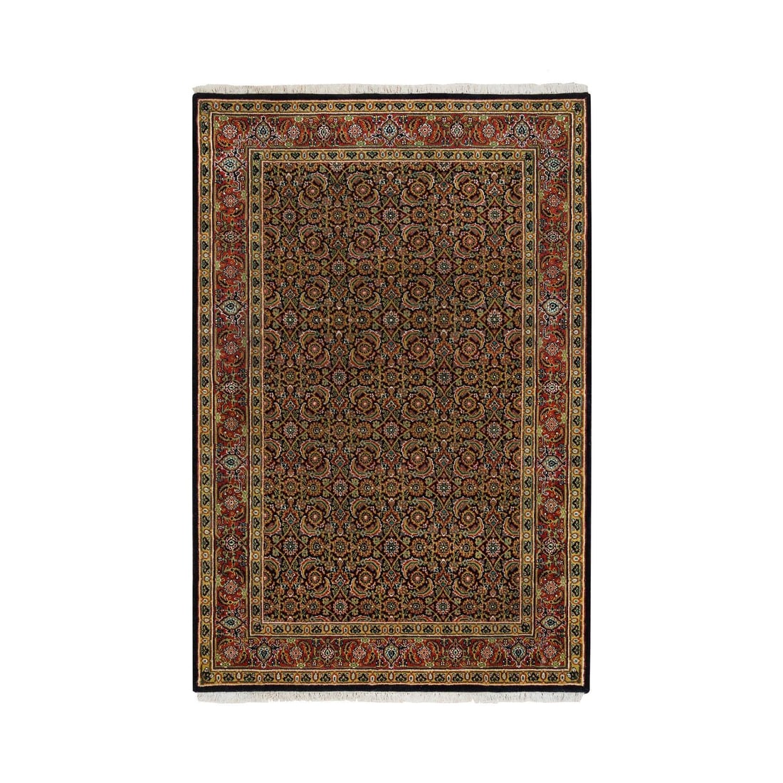 4'1"x6'3" Grease Black Herrita Design 250 KPSI Wool Hand Knotted Rug: 4'1"x6'3" Grease Black Herrita Design 250 KPSI Wool Hand Knotted Rug Hand-knotted in wool, this 4'1"x6'3" Oriental-style rug boasts a striking black field with intricate design, set against a rich San