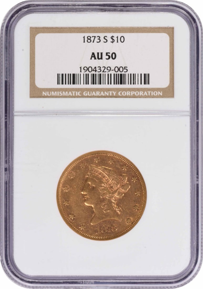 $10 Gold Liberty Head AU50 1873-S: $10 Gold Liberty Head AU50 1873-S The 1873-S $10 Gold Liberty Head AU50 is a circulated example of a rare and historic coin, certified by the NGC. This coin features the iconic Liberty Head design, mi