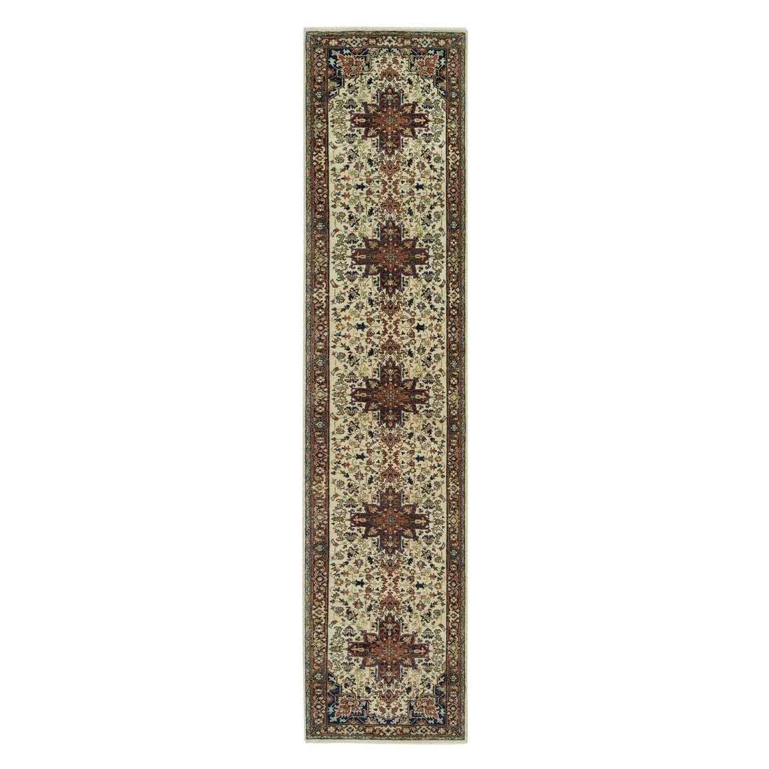 2'8"x12'3" Beige Heris Re-Creation Soft Wool Hand Knotted Runner Rug: 2'8"x12'3" Beige Heris Re-Creation Soft Wool Hand Knotted Runner Rug Hand-knotted in soft wool, this 2'8"x12'3" beige Heris re-creation runner rug boasts a classic Oriental design with a subtle field 