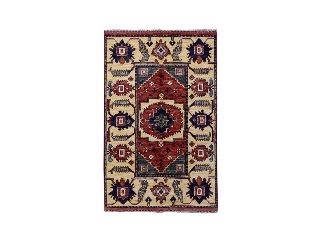 Pure Wool Tribal Rug Hand-Knotted 3'5"x4'9: Pure Wool Tribal Rug Hand-Knotted 3'5"x4'9 Hand-knotted in Afghanistan, this 3'5"x4'9" pure wool tribal rug boasts a rich, modified Oriental design. Made from a blend of wool and cotton, the rug featu