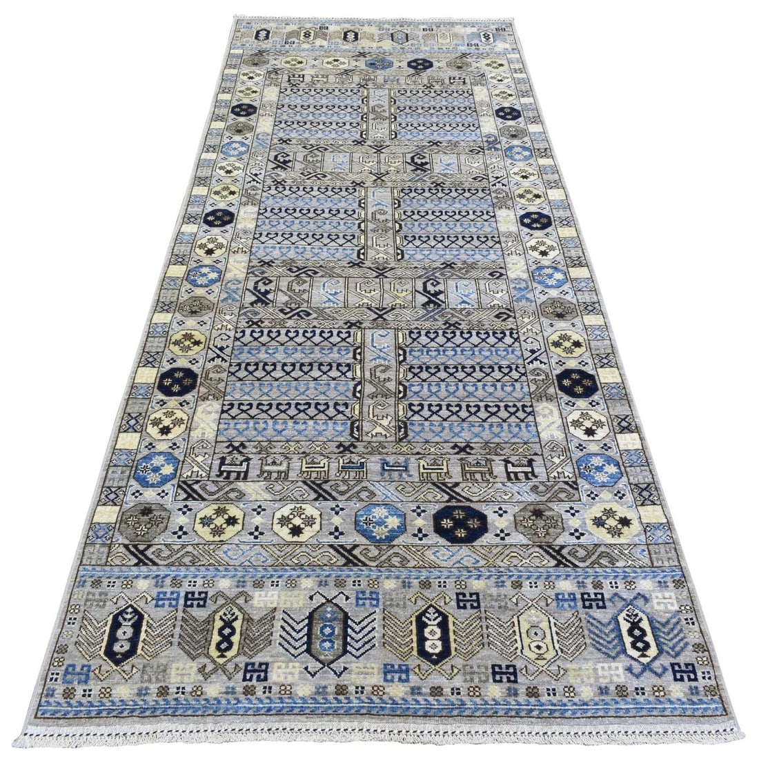 4'x9'9" Gray, Soft Wool Hand Knotted, Afghan Ersari, Wide Runner Rug: 4'x9'9" Gray, Soft Wool Hand Knotted, Afghan Ersari, Wide Runner Rug Softly woven with 100% wool, this 4'x9'9" Gray Afghan Ersari rug boasts a unique, wide runner design. Hand-knotted with attention t