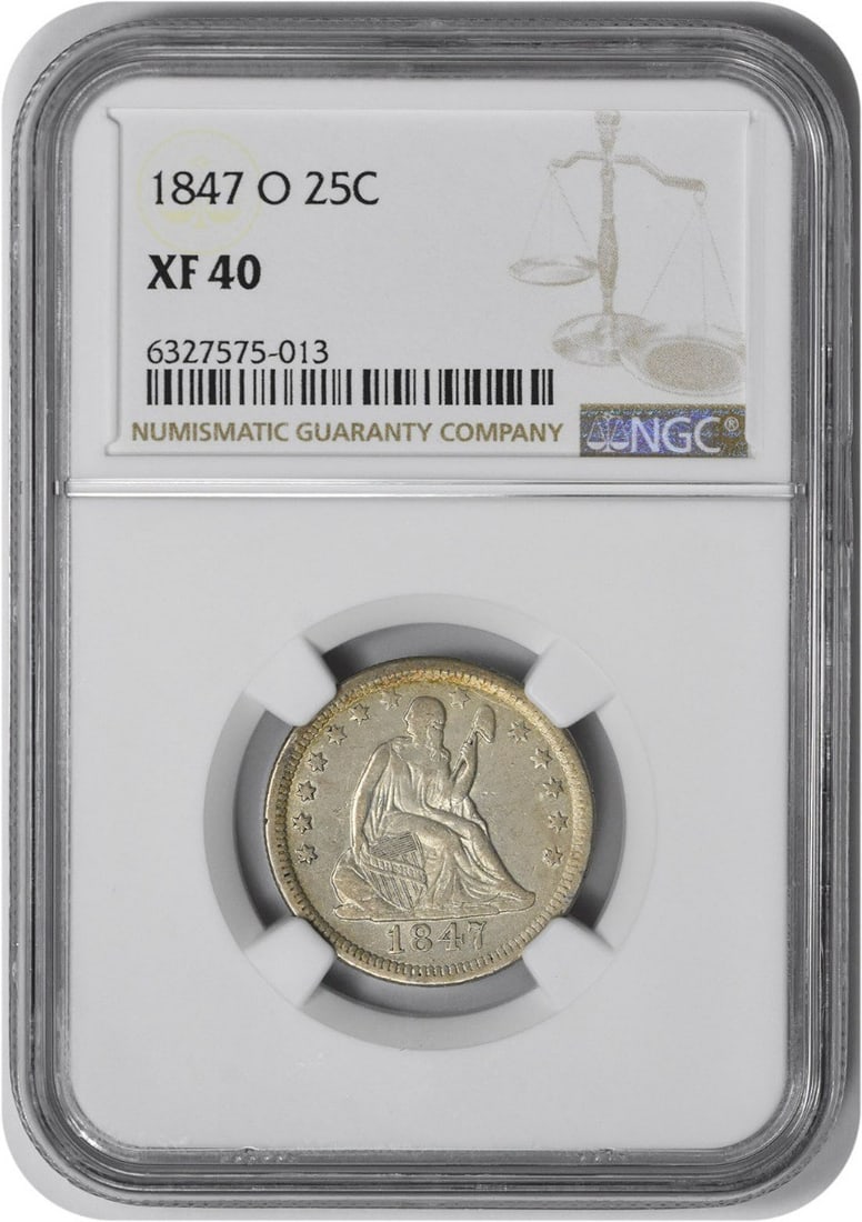 1847-O Liberty Seated Silver Quarter EF40 NGC: 1847-O Liberty Seated Silver Quarter EF40 NGC The 1847-O Liberty Seated Silver Quarter is a rare and historic coin, certified by the NGC as EF40. With a mintage of just 368,000, this circulated coin i