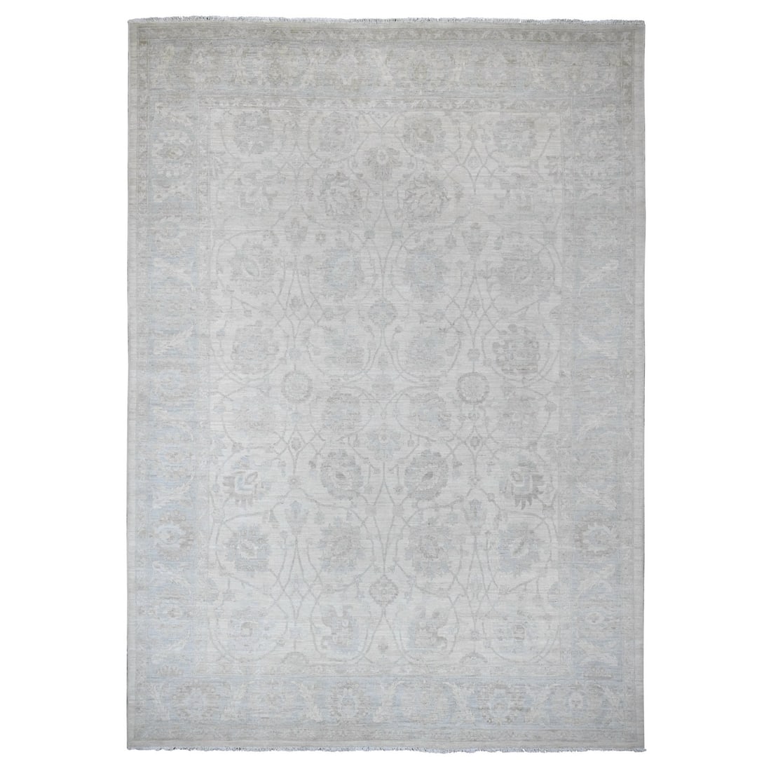 White Washed Wool Hand Knotted Out Peshawar Leaf Design Rug 9'10"x13'6: White Washed Wool Hand Knotted Out Peshawar Leaf Design Rug 9'10"x13'6 This stunning White Washed Wool Hand Knotted Out Peshawar Leaf Design Rug boasts a beautiful, ivory-colored field with intricate 