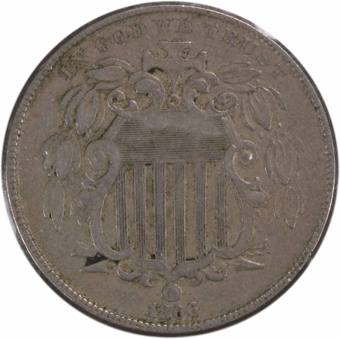 1866 Shield Nickel RPD VF Uncertified: 1866 Shield Nickel RPD VF Uncertified The 1866 Shield Nickel is a rare and historic coin, bearing the iconic shield design that has become synonymous with American currency. With a circulated grade