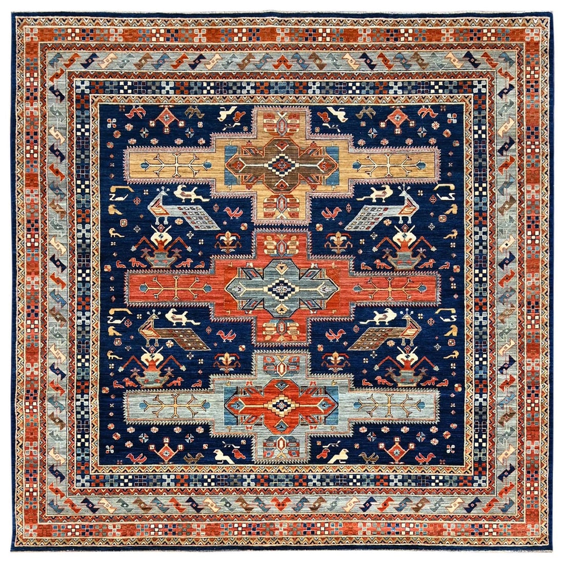 8'x7'10" Blue Armenian Inspired Caucasian Design Square Oriental Rug: 8'x7'10" Blue Armenian Inspired Caucasian Design Square Oriental Rug Blue Armenian Inspired Caucasian Design Square Oriental Rug, 8'x7'10" in size, boasts a stunning blue color and intricate design,