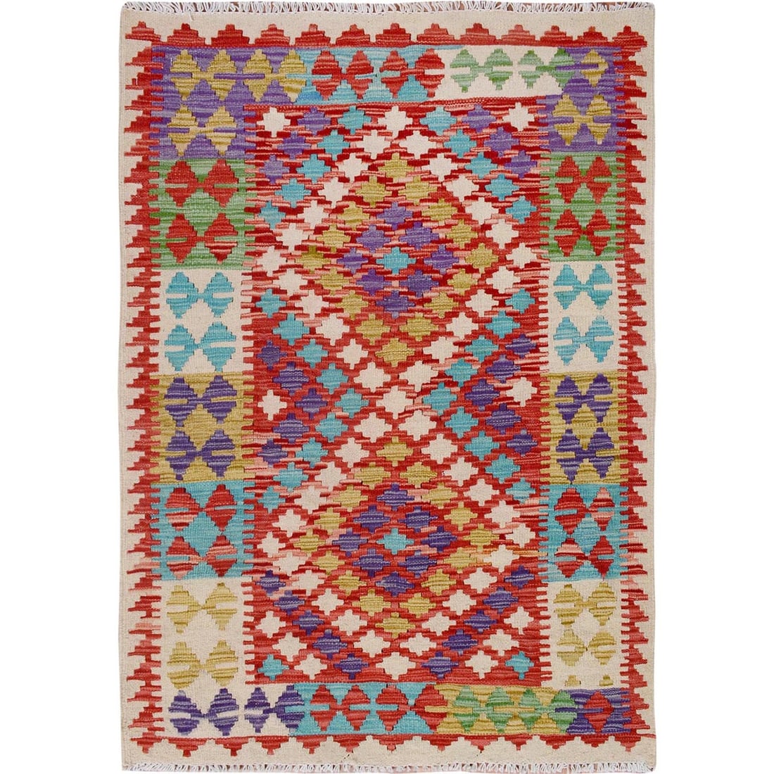 Colorful Flat Weave Pure Wool Hand Woven 2'10"x4'2" Afghan Kilim Rug: Colorful Flat Weave Pure Wool Hand Woven 2'10"x4'2" Afghan Kilim Rug Colorful Flat Weave Pure Wool Hand Woven Afghan Kilim Rug features a vibrant Oriental design in a rectangular shape, measuring
