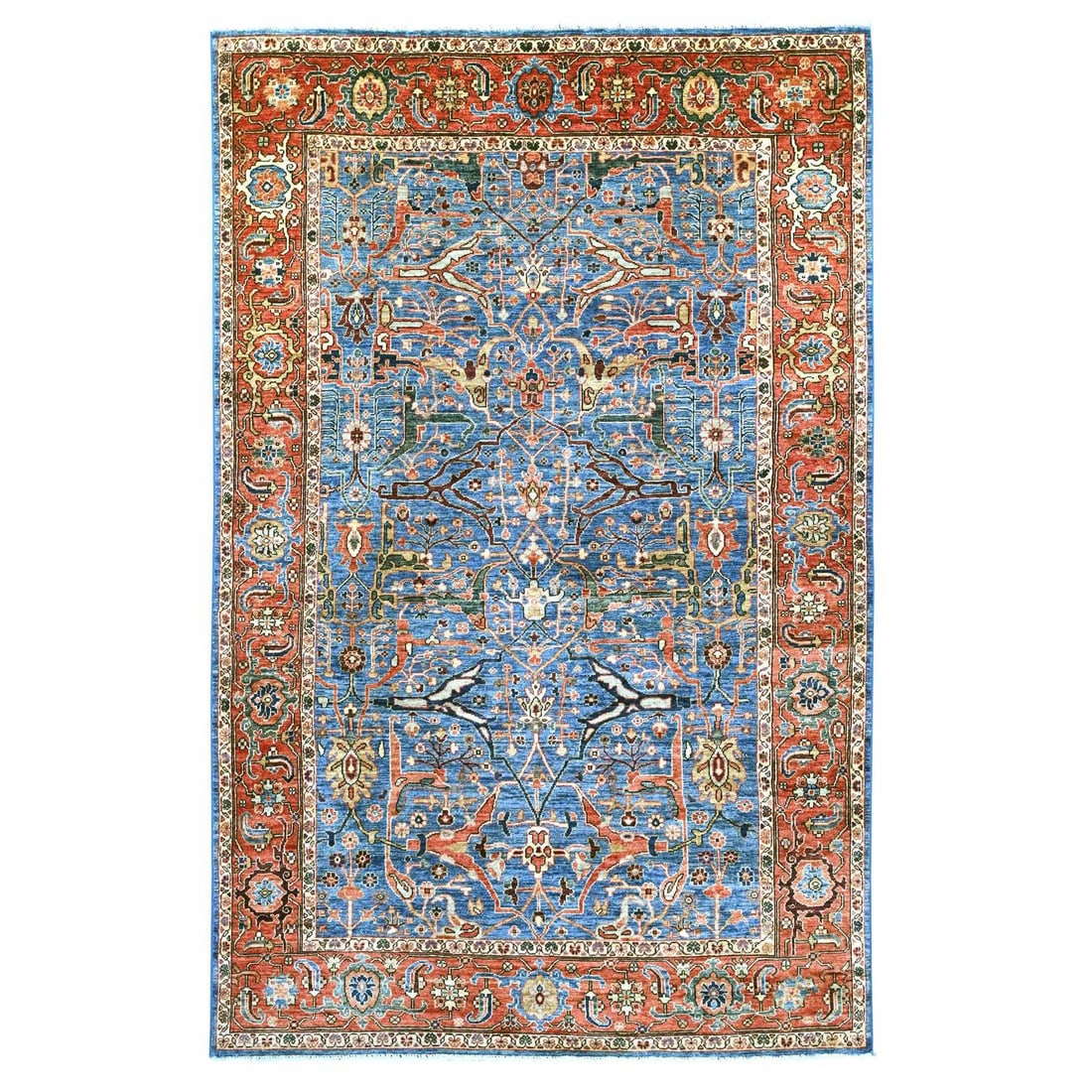 5'10"x9'1" Blue Peshawar with Bijar Garus Design Hand Knotted Wool Rug: 5'10"x9'1" Blue Peshawar with Bijar Garus Design Hand Knotted Wool Rug The 5'10"x9'1" Blue Peshawar with Bijar Garus Design Hand Knotted Wool Rug is a stunning example of traditional Afghan