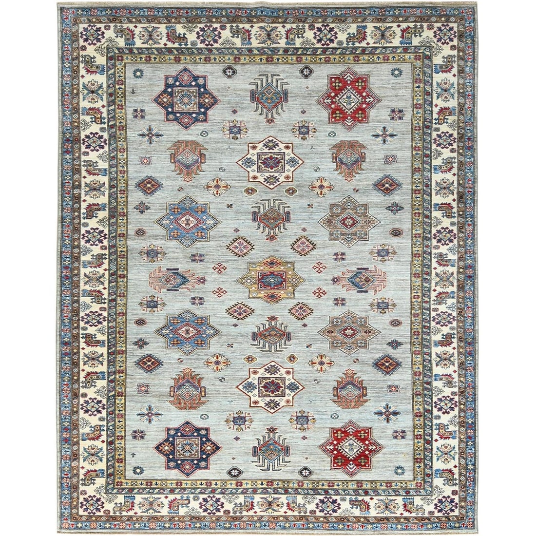 7'10"x9'10" Silver Blue Afghan Super Kazak Natural Wool Hand Knotted Rug: 7'10"x9'10" Silver Blue Afghan Super Kazak Natural Wool Hand Knotted Rug Silver Blue Afghan Super Kazak Natural Wool Hand Knotted Rug measures 7'10" x 9'10" and showcases a stunning rectangular field