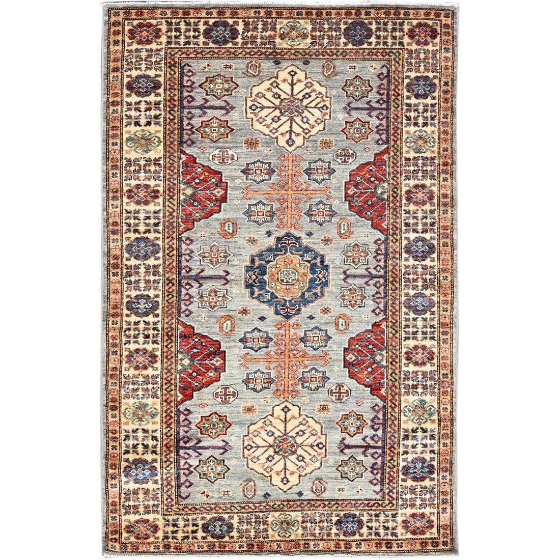 4'x6' Dolphin Gray Afghan Super Kazak Geometric Elements Oriental Rug: 4'x6' Dolphin Gray Afghan Super Kazak Geometric Elements Oriental Rug Dolphin Gray Afghan Super Kazak Geometric Elements Oriental Rug is a stunning hand-knotted wool rug featuring an intricate