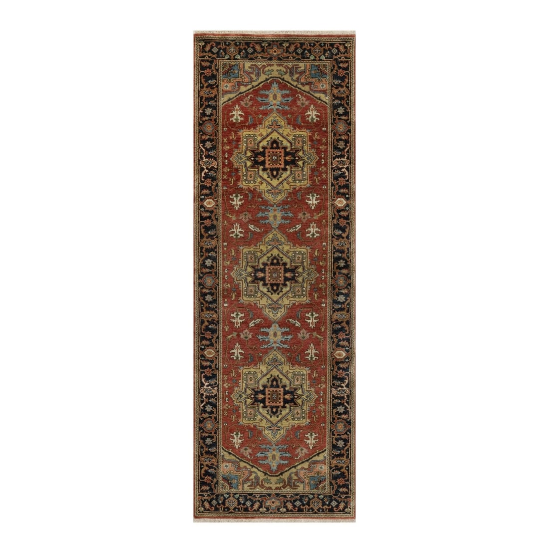 Red Hand Knotted Revival Wool New Zealand Runner Rug 2'7" 7'10: Red Hand Knotted Revival Wool New Zealand Runner Rug 2'7" 7'10 Hand-knotted in vibrant red wool, this stunning 2'7" x 7'10" runner rug boasts an Oriental pattern and a rich, crimson field color. The