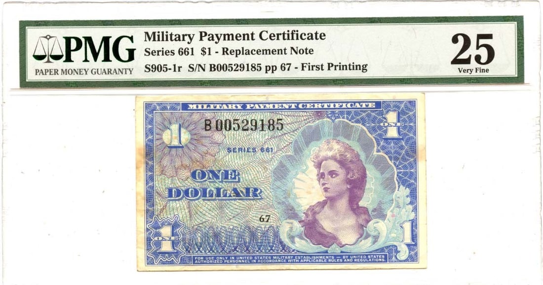 Series 661 Series PMG VF25 S905 First Printing: Series 661 Series PMG VF25 S905 First Printing This Series 661 Series PMG VF25 S905 First Printing features a circulated note with a notable signature, graded by PMG as VF25. The S905 design is a uniq