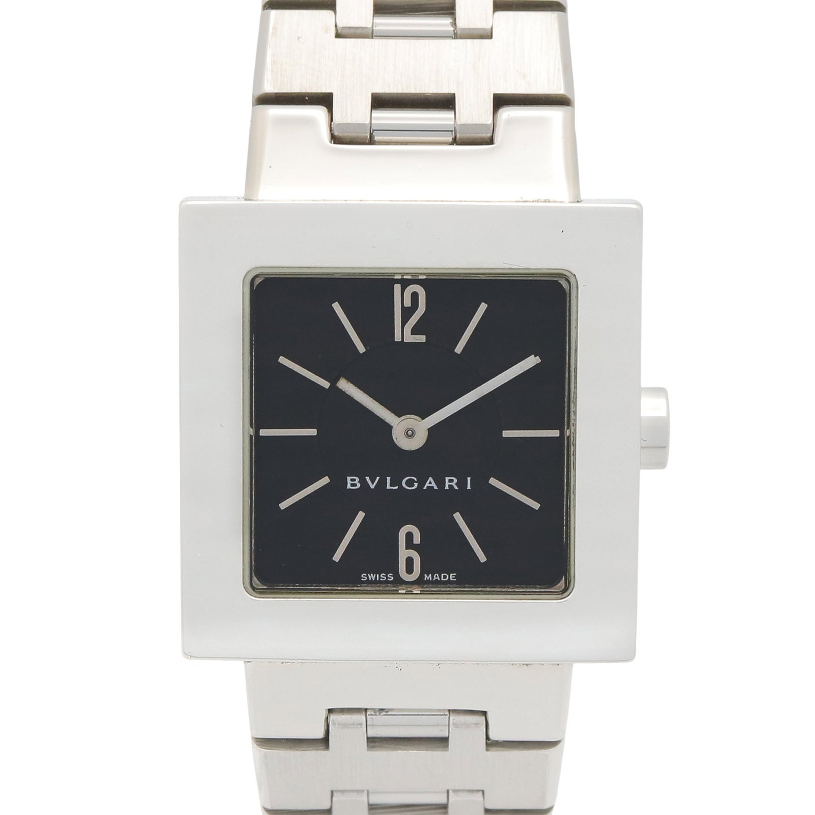 Bvlgari Wristwatch: Bvlgari Wristwatch Stainless steel case and band add a sleek touch to this black Bvlgari quartz wristwatch, featuring a 22mm diameter case and a comfortable 14.5cm length. The watch's quartz movement 