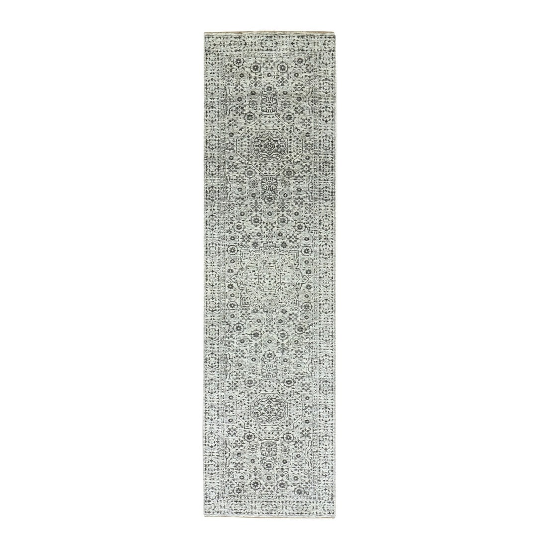 White Mamluk Dynasty Design Wool Hand Knotted Runner Rug 2'8"x10: White Mamluk Dynasty Design Wool Hand Knotted Runner Rug 2'8"x10 Hand-knotted in wool, this ivory Mamluk Dynasty design runner rug boasts a timeless Oriental pattern and intricate border. Measuring 2'