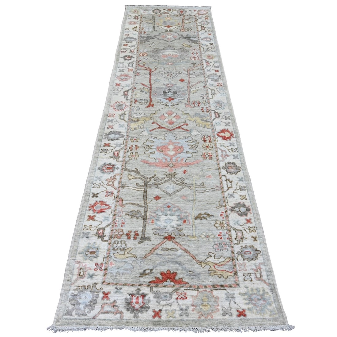 3'x10'6" Gray Afghan Angora Oushak Hand Knotted 100% Wool Runner Rug: 3'x10'6" Gray Afghan Angora Oushak Hand Knotted 100% Wool Runner Rug The 3'x10'6" Gray Afghan Angora Oushak Hand Knotted 100% Wool Runner Rug is a stunning example of traditional Afghan craftsmanship.