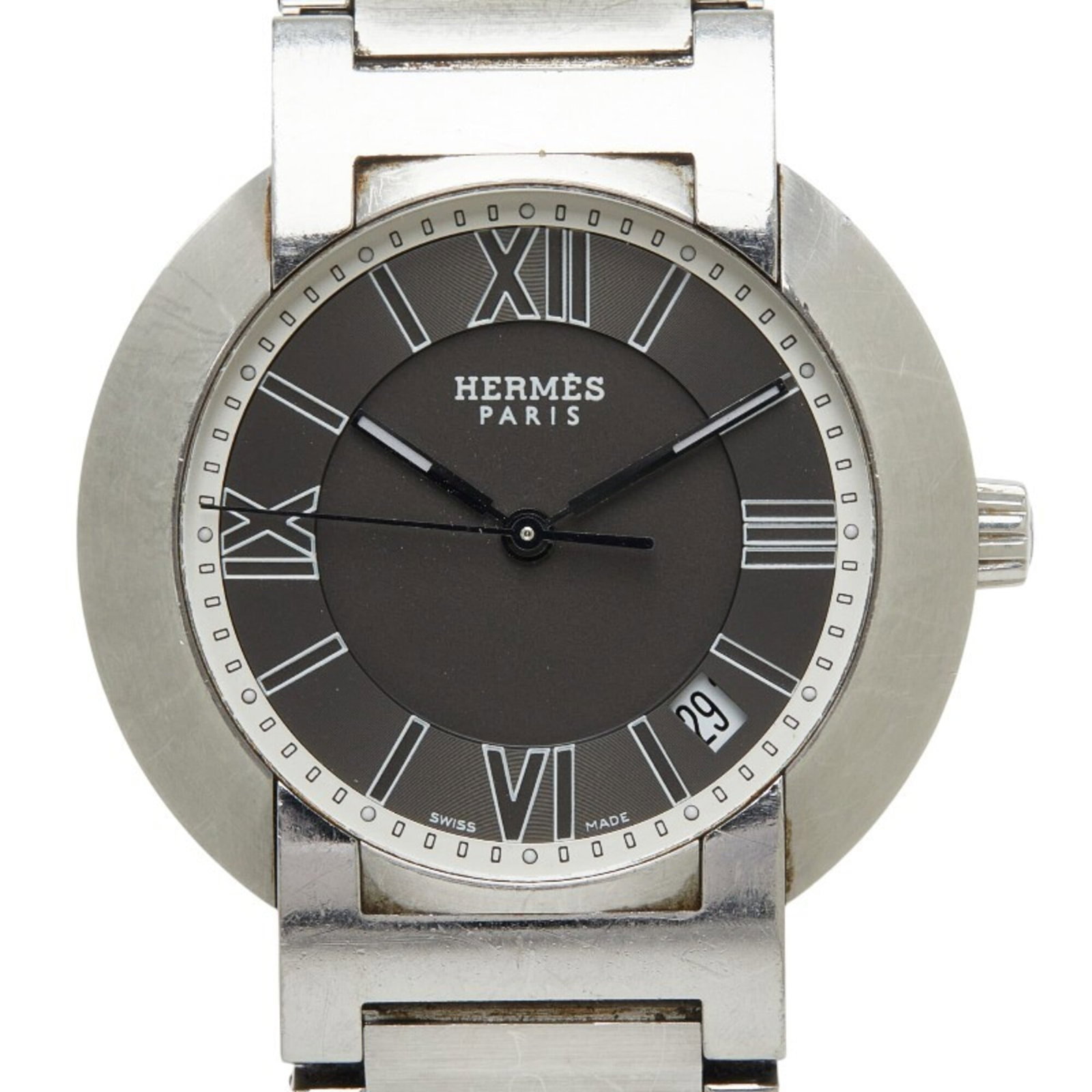 Hermes Wristwatch: Hermes Wristwatch Stainless steel case and band provide a sleek, modern look for this 36.5mm gray dial wristwatch, featuring an auto quartz movement. The 15.5cm length accommodates a range of wrist si