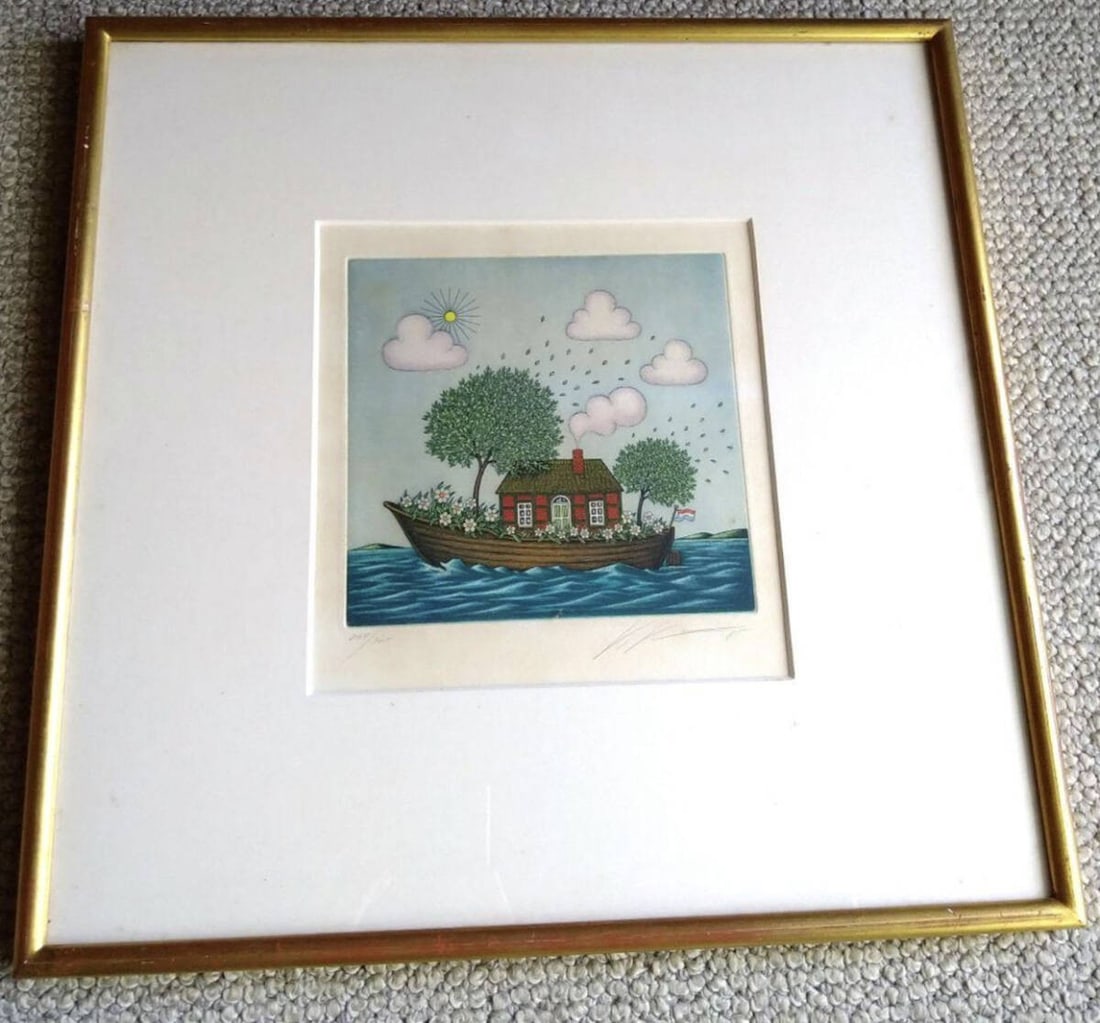 Khn Etching Floating House Volker Boat Signed Framed Art German 204/ 300 (1 of 10)