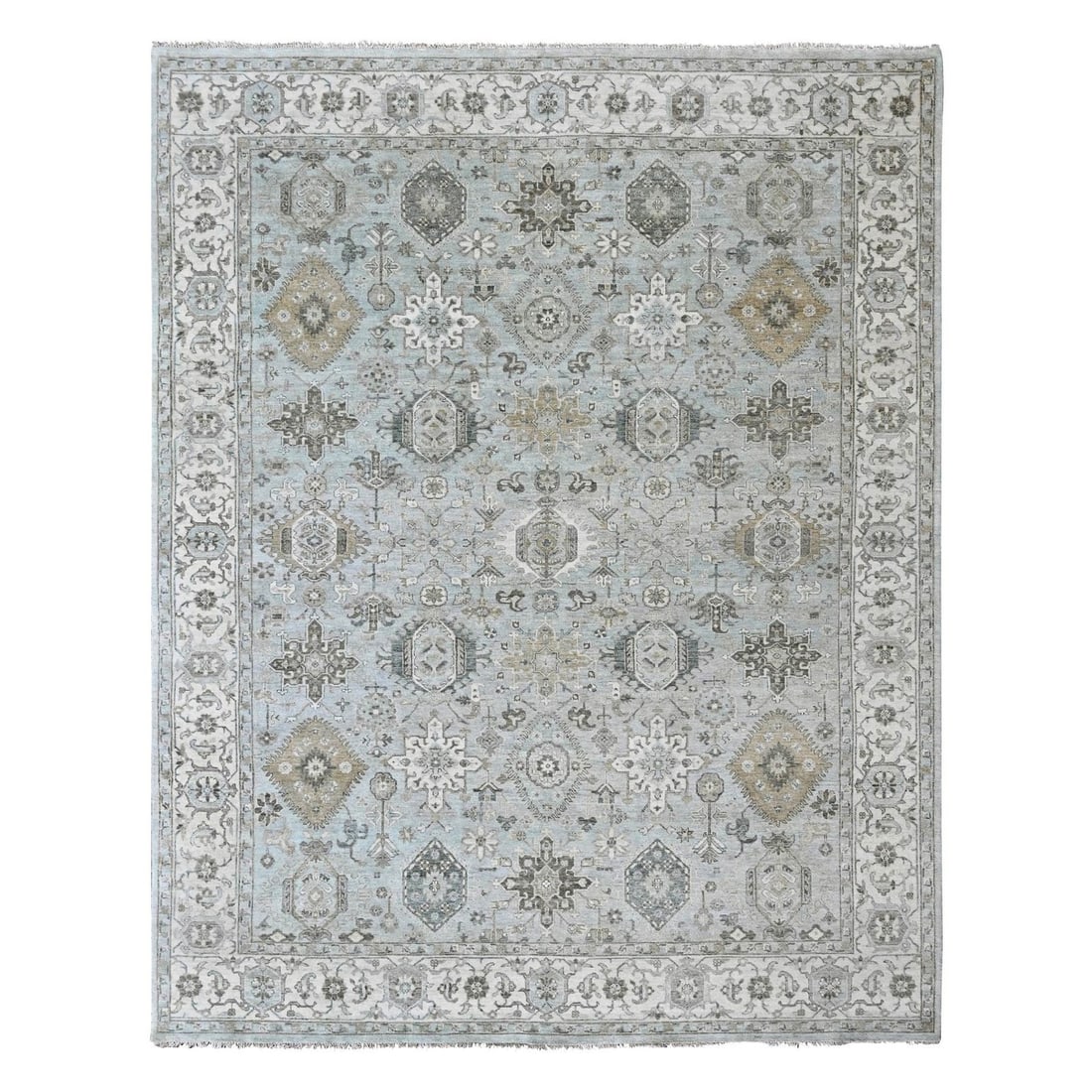 9'1"x12' Pistachio Green Karjihooz Design with Medallions Hand Knotted Wool: 9'1"x12' Pistachio Green Karjihooz Design with Medallions Hand Knotted Wool The Pistachio Green Karjihooz design rug boasts an all-over regional pattern in a unique blend of green hues, complemented b