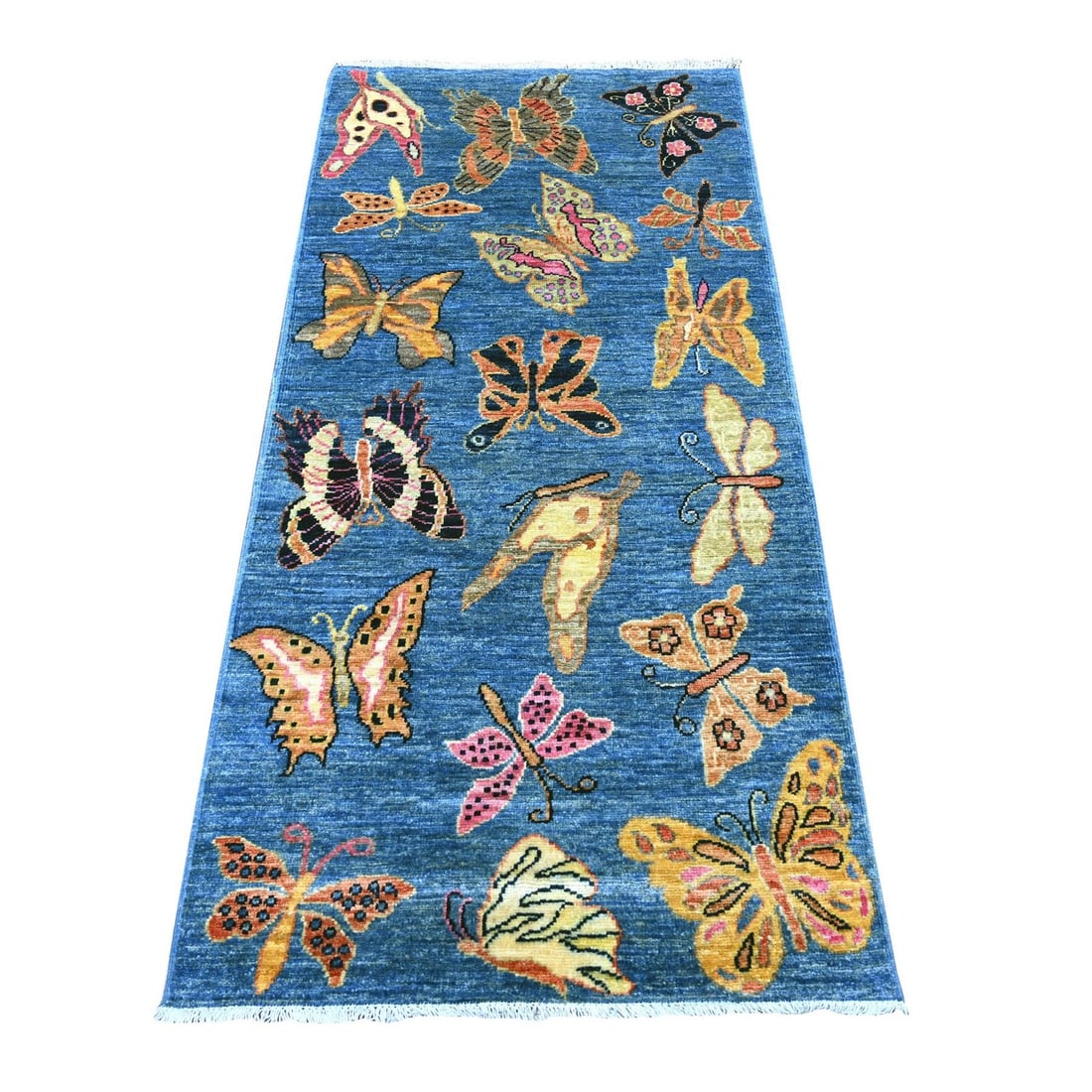 2'8"x5'8" Blue Hand Knotted Peshawar Butterfly Design Soft Wool Runner Rug: 2'8"x5'8" Blue Hand Knotted Peshawar Butterfly Design Soft Wool Runner Rug Soft and vibrant, this 2'8"x5'8" Blue Hand Knotted Peshawar Butterfly Design Soft Wool Runner Rug boasts a stunning blue fiel