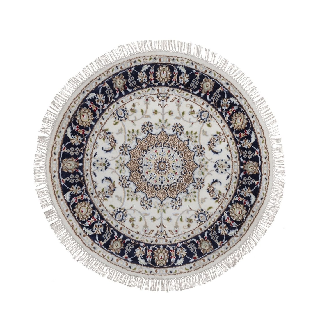 Ivory Wool Silk 3'x3' Nain Hand Knotted Round Oriental Rug: Ivory Wool Silk 3'x3' Nain Hand Knotted Round Oriental Rug Hand-knotted in wool and silk, this 3'x3' Nain-style round rug boasts a medallion pattern in ivory, accented with subtle shades of yellow, br
