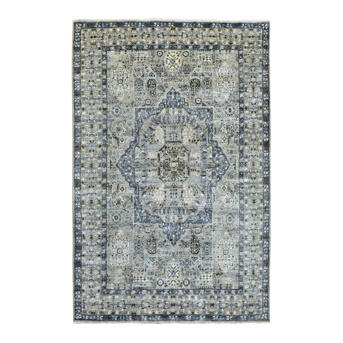 6'x9'5" Gray Afghan Peshawar Soft and Pliable Wool Hand Knotted Rug: 6'x9'5" Gray Afghan Peshawar Soft and Pliable Wool Hand Knotted Rug Soft and plush underfoot, this 6'0" x 9'5" Gray Afghan Peshawar hand-knotted wool rug boasts a beautiful, rectangular field with an 