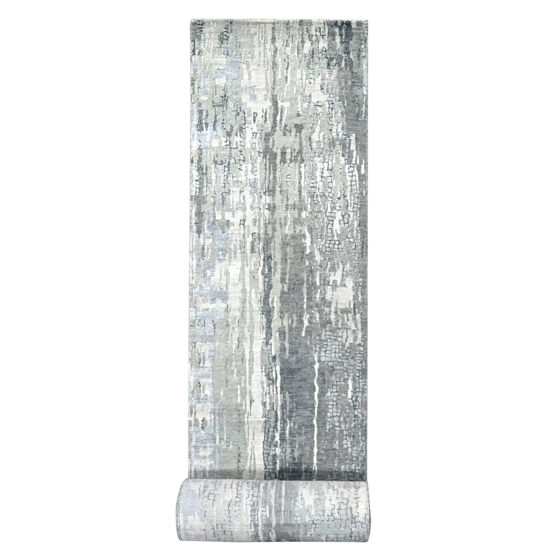 2'9"x23'8" Gray Abstract Design Wool and Silk XL Runner Hand Knotted Rug: 2'9"x23'8" Gray Abstract Design Wool and Silk XL Runner Hand Knotted Rug The 2'9"x23'8" Gray Abstract Design Wool and Silk XL Runner Hand Knotted Rug boasts a striking abstract design in a soothing gr