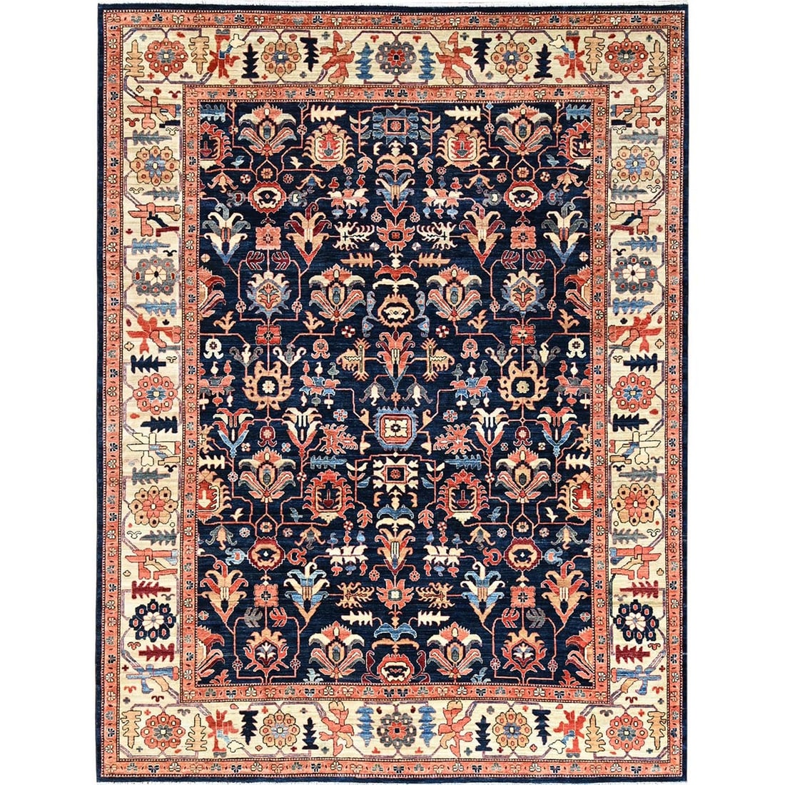 9'2"x11'10" Yale Blue Northwest Zoroastrian Design Wool Hand Knotted Rug: 9'2"x11'10" Yale Blue Northwest Zoroastrian Design Wool Hand Knotted Rug 9'2" x 11'10" Yale Blue Zoroastrian Design Wool Hand Knotted Rug - A stunning, hand-knotted wool rug from Afghanistan, featurin